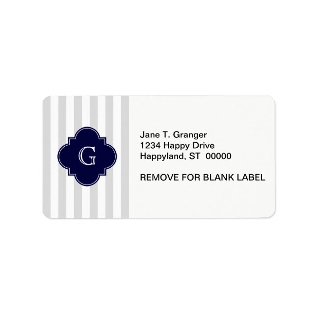 Leicht graue weiße Streifen, Navy Blue Label Monog Adressaufkleber (Vorne)