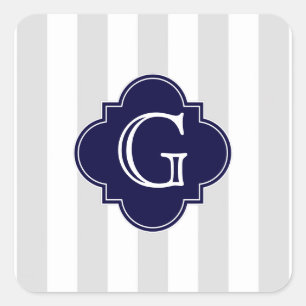 Leicht graue weiße Streifen, Navy Blue Label Monog Quadratischer Aufkleber