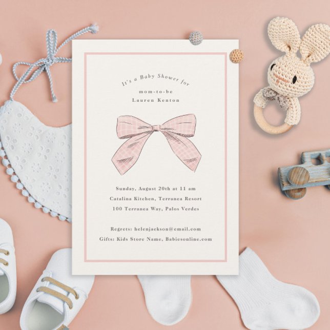 Leicht rosa Kariert Bow Elegante Girl Baby Dusche Einladung (Von Creator hochgeladen)