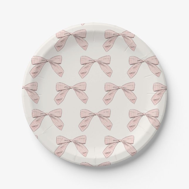 Leicht rosa Kariert Bow Elegante Girl Baby Dusche Pappteller (Vorderseite)