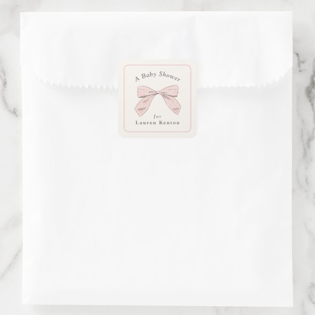 Leicht rosa Kariert Bow Elegante Girl Baby Dusche Quadratischer Aufkleber (Tasche)