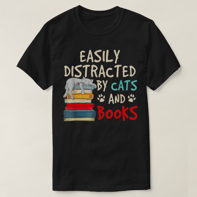 Leicht von Katzen und Büchern abgelenkt - Cat-Book T-Shirt (Design vorne)