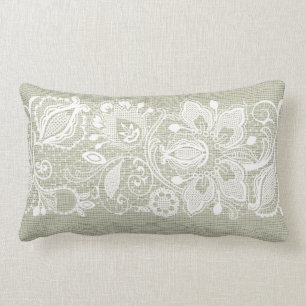 Leichte beigefarbene Linen und Vintage weiße Spitz Lendenkissen