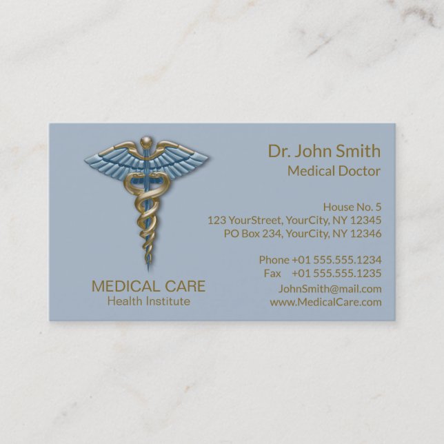 Leichte blaue Caduceus Medical Imitate Goldene Str Visitenkarte (Vorderseite)