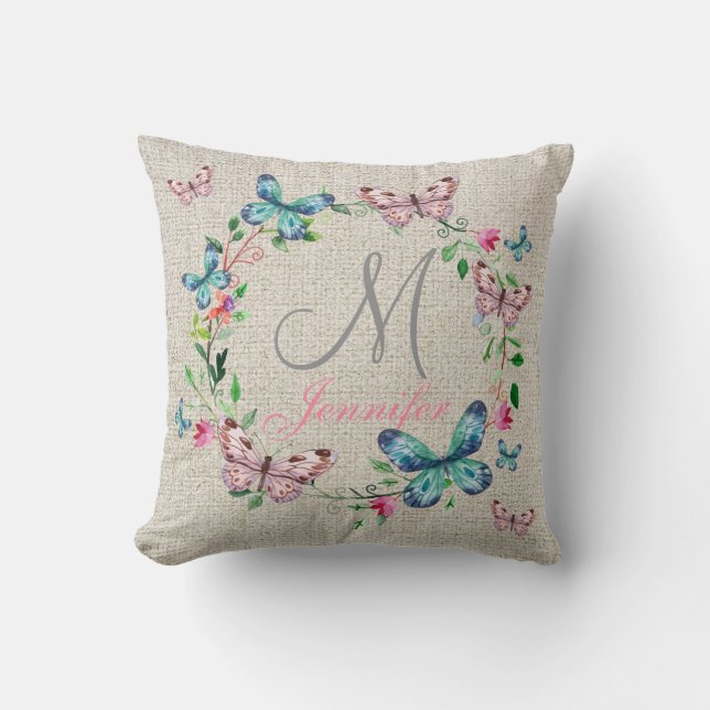 Leichte BLUME der Leinen und BAKETFLASCHE Monogram Kissen (Vorderseite)