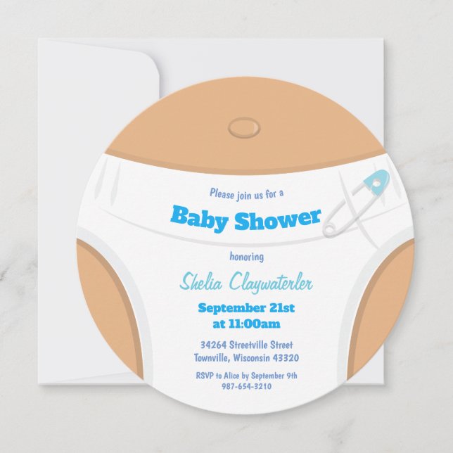 Leichte braune Haut und Windeln Blau | Babyparty Einladung (Vorderseite)