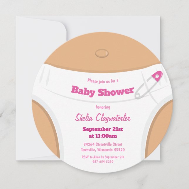 Leichte braune Haut und Windeln rosa | Babyparty Einladung (Vorderseite)