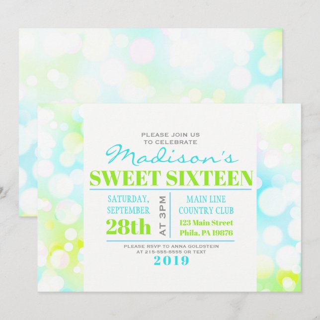 LEICHTE BUBBLES 16 . Geburtstag 16 Einladung (Vorne/Hinten)