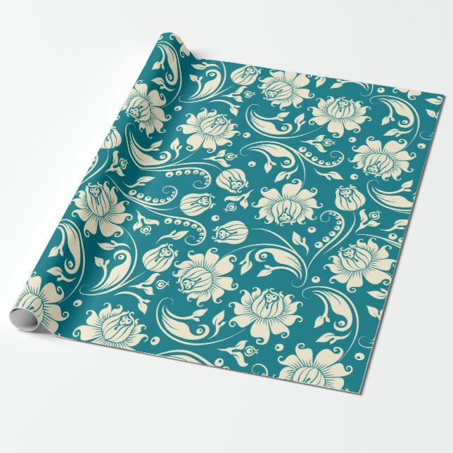 Leichte Creme und Aquamarin-grüne BlumenDamasken Geschenkpapier (Ungerollt)