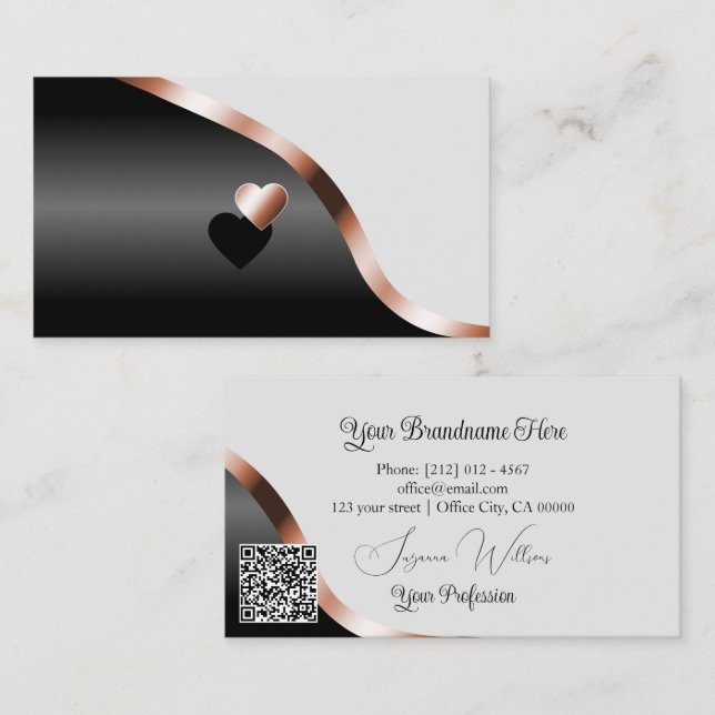 Leichte graue schwarze Rose Gold Hearts und QR Cod Visitenkarte (Vorne/Hinten)