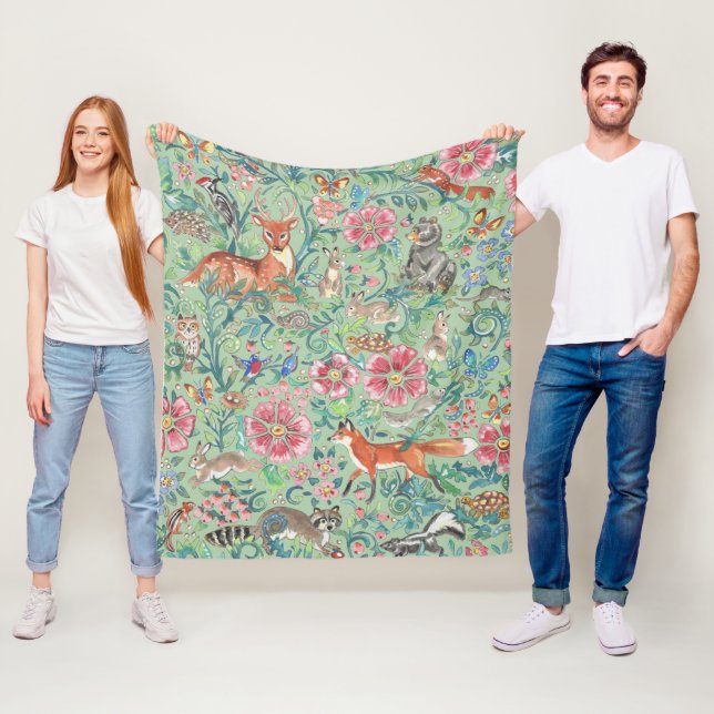 Leichte grüne Fantasy-Waldtiere Woodland Floral Fleecedecke (Beispiel)