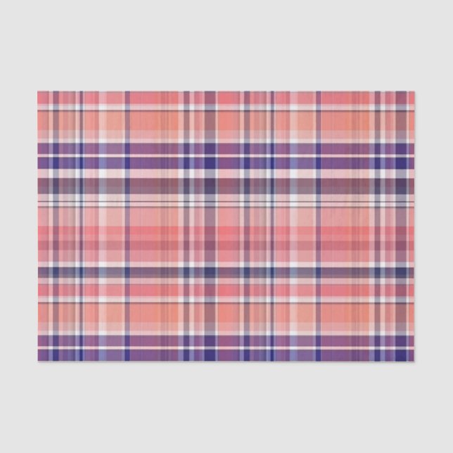 Leichte Koralle, Navy Blue, Weiße Preppy Madras Ka Seidenpapier (Vorderseite)