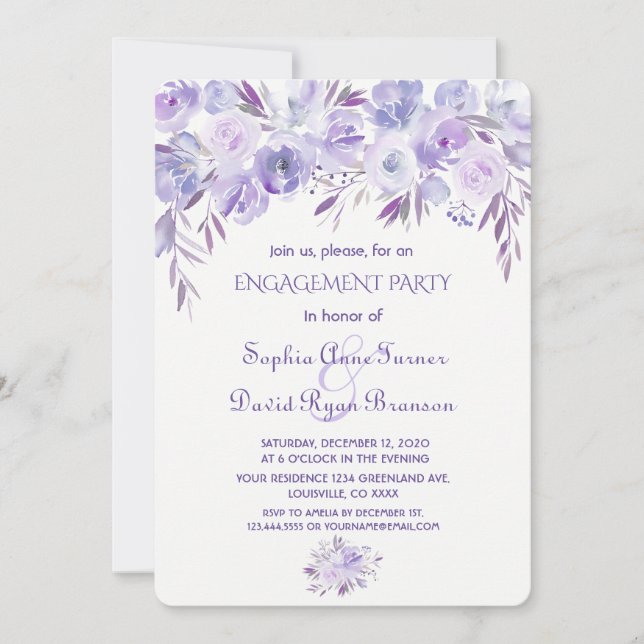 Leichte Lila Dusty Blue Floral Engagement Party Einladung (Vorderseite)