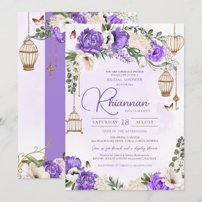 Leichte Lila Gold Floral Elegantes Brautparty Einladung (Vorne/Hinten)