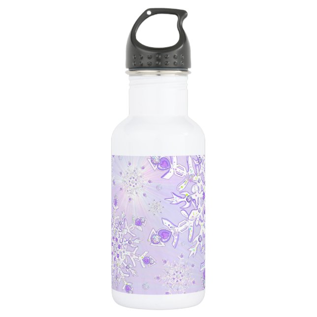 leichte lila Schneeflocke & glitzerndes Herz Edelstahlflasche (Vorderseite)