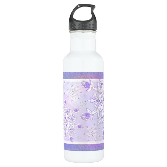 leichte lila Schneeflocke & glitzerndes Herz Edelstahlflasche (Vorderseite)