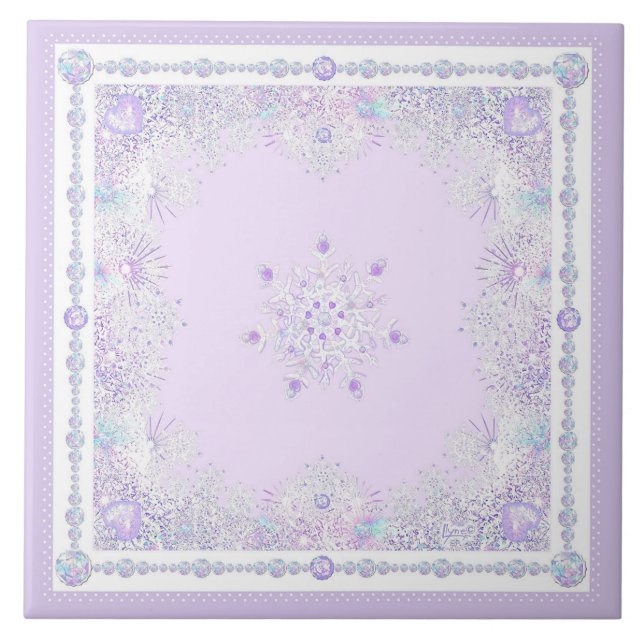 leichte lila Schneeflocke & glitzerndes Herz Fliese (Vorderseite)