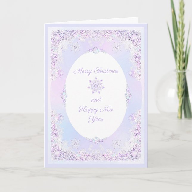 leichte lila Schneeflocke & glitzerndes Herz Karte (Vorderseite)