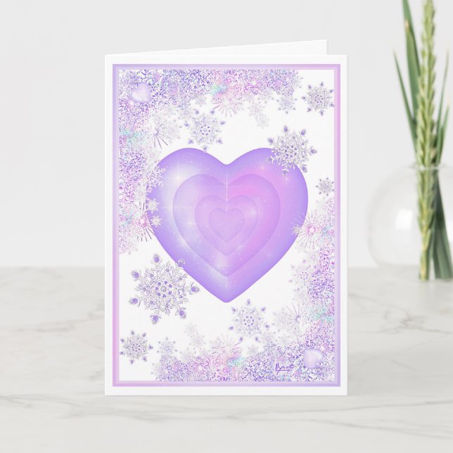 leichte lila Schneeflocke & glitzerndes Herz Karte (Vorderseite)