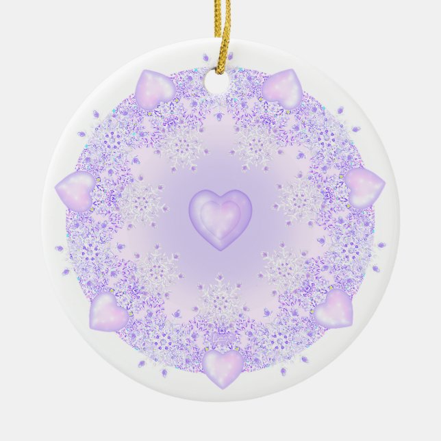 leichte lila Schneeflocke & glitzerndes Herz Keramik Ornament (Vorne)