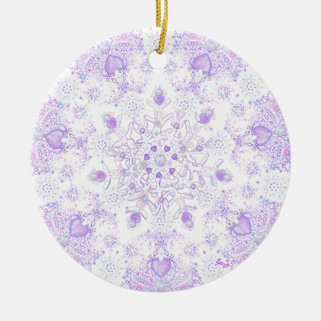 leichte lila Schneeflocke & glitzerndes Herz Keramik Ornament (Vorne)