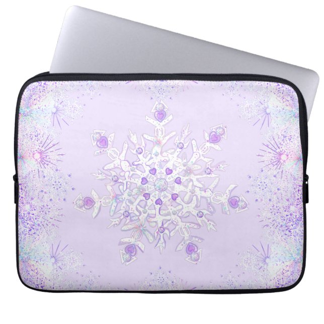 leichte lila Schneeflocke & glitzerndes Herz Laptopschutzhülle (Vorderseite)