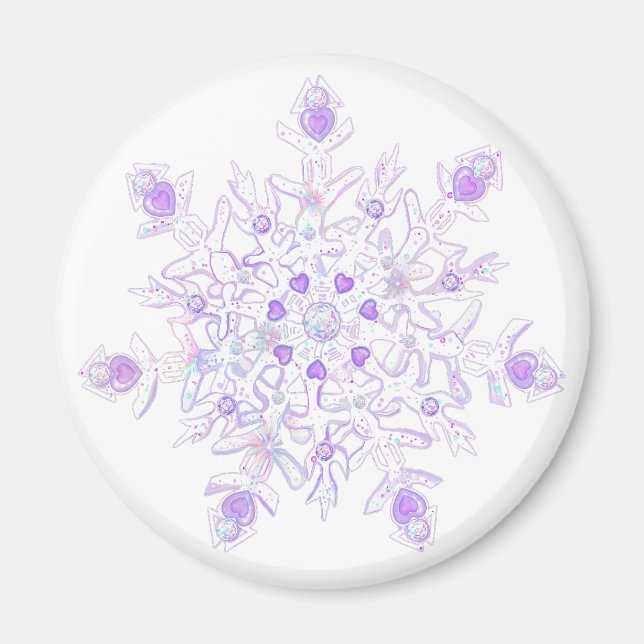 leichte lila Schneeflocke & glitzerndes Herz Magnet (Vorne)