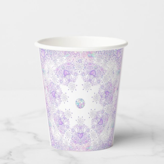 leichte lila Schneeflocke & glitzerndes Herz Pappbecher (Vorderseite)