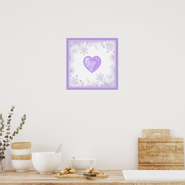 leichte lila Schneeflocke & glitzerndes Herz Poster (Küche)