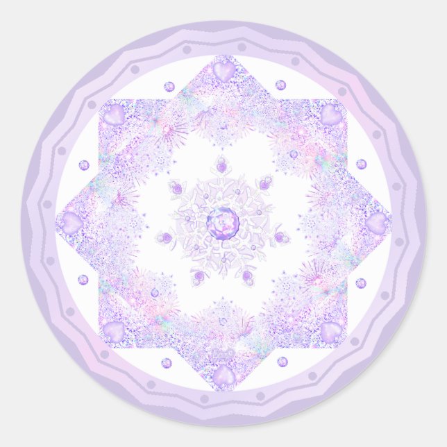 leichte lila Schneeflocke & glitzerndes Herz Runder Aufkleber (Vorderseite)
