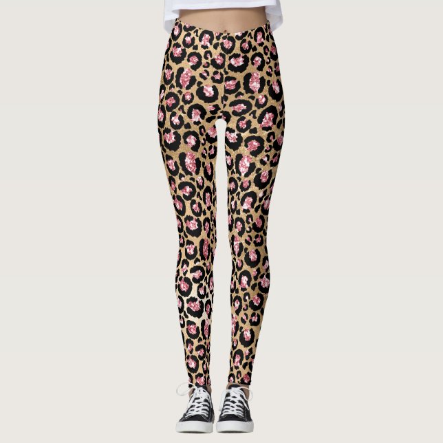 Leichte rosa Foil- & Gold-Glam Glitzer Leopard Spo Leggings (Vorderseite)