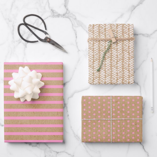 Leichte Sommerrosa Linien auf Imitaten Rustikale b Geschenkpapier Set (Vorderseite)