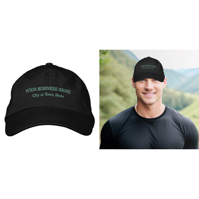 Leichter grüner Geschäftstext, bestickt auf Cap Bestickte Baseballkappe (Business name and location embroidered on cap in light green thread)