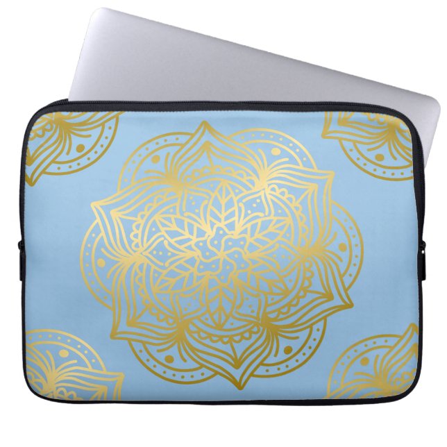Leichtes blaues und goldenes Mandala-Musterpapier Laptopschutzhülle (Vorderseite)