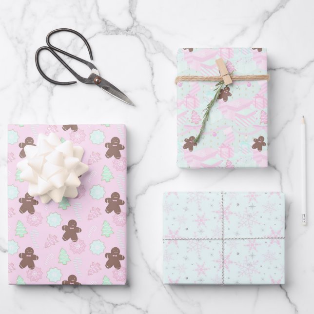 Leichtes Pink Lebkuchen Männer Schneeflocken Geschenkpapier Set (Vorderseite)