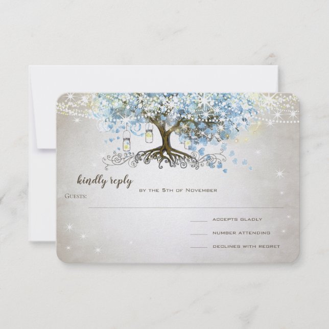 Leichtpulver Blauer Herzleder Tree Hochzeit RSVP Karte (Vorderseite)