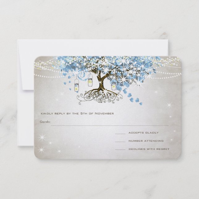 Leichtpulver Blauer Herzleder Tree Hochzeit RSVP Karte (Vorderseite)