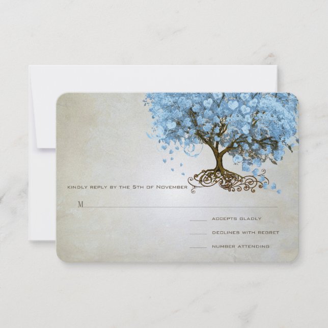Leichtpulver Blauer Herzleder Tree Hochzeit RSVP Karte (Vorderseite)
