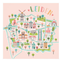 Leiden City Illustriert Map pink