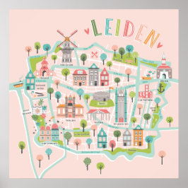 Leiden City Illustriert Map pink Poster