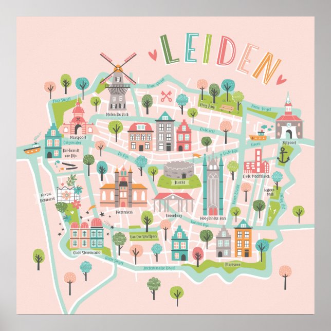 Leiden City Illustriert Map pink Poster (Vorne)