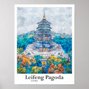 Leifeng Pagoda China Reisen Wasserfarbenhandgezeic Poster