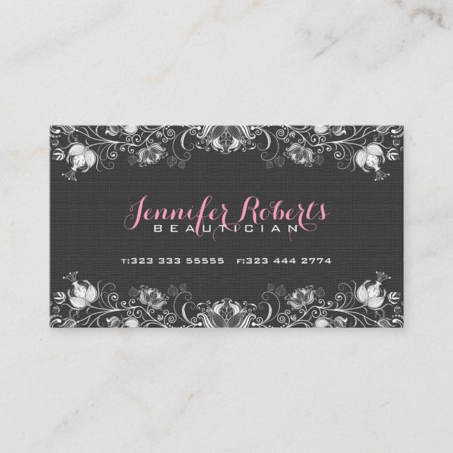 Leinen aus schwarzem Burlap & White Floral & Lace Visitenkarte (Vorderseite)