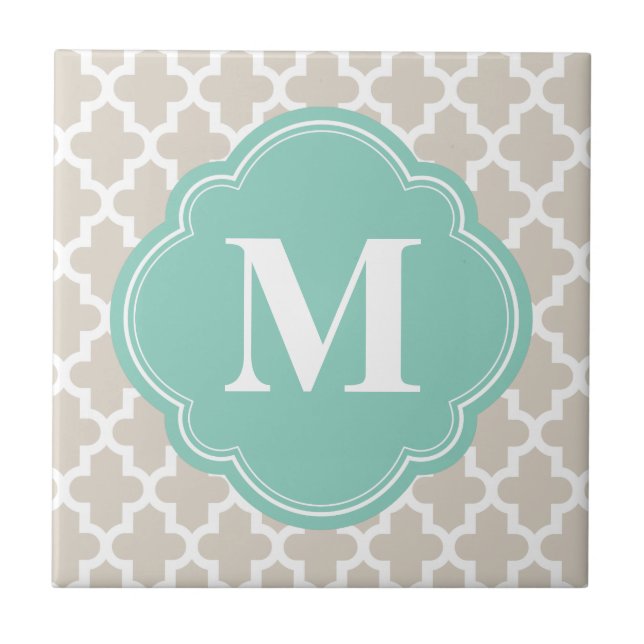 Leinen Beige & Aqua Modernes marokkanisches Monogr Fliese (Vorderseite)