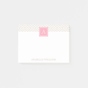 Leinen Beige Diamanten und rosa Monogramm Post-it Klebezettel