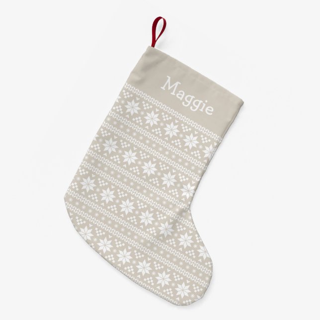 Leinen Beige und Weiße Messe Isle Monogram Kleiner Weihnachtsstrumpf (Vorderansicht (hängend))