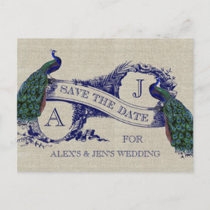 Leinen Blau Pfau Save-the-Date-Postkarte Ankündigungspostkarte