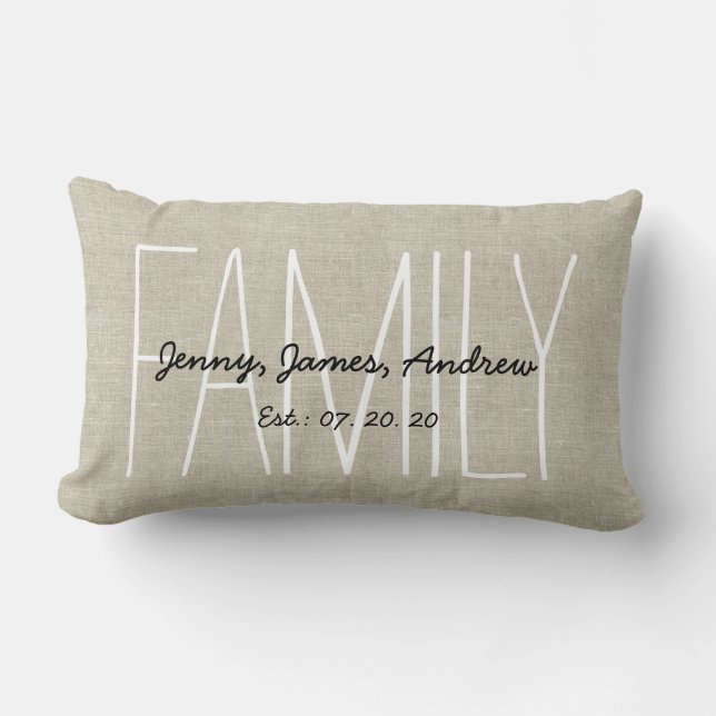Leinen Look Custom Family Monogram Personalisiert Lendenkissen (Vorderseite)