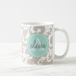 Leinen-und Minzen-mit Monogramm Damast-Druck Kaffeetasse