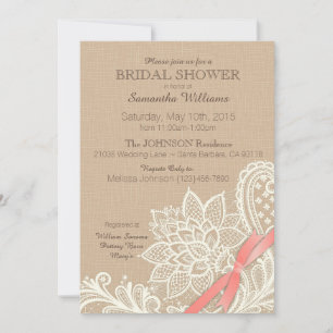 Leinen White Lace und Coral Ribbon Brautparty Einladung